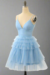 Straps Light Blue V-Neck Ruffle Homecoming Dress