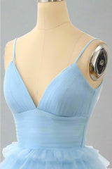 Straps Light Blue V-Neck Ruffle Homecoming Dress