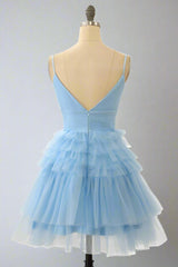Straps Light Blue V-Neck Ruffle Homecoming Dress