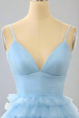 Straps Light Blue V-Neck Ruffle Homecoming Dress