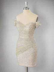 Off the Shoulder Sliver Sequin Ruched Mini Homecoming Dress