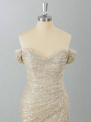 Off the Shoulder Sliver Sequin Ruched Mini Homecoming Dress