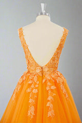 V-Neck Orange 3D Floral A-Line Short Homecoming Dress
