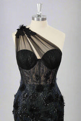 One Shoulder Black Corset Appliques Mini Dress