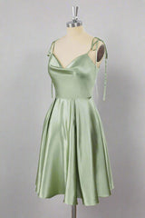 Tie Shoulder Sage Green Cowl Neck A-Line Short Party Dress
