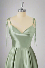 Tie Shoulder Sage Green Cowl Neck A-Line Short Party Dress