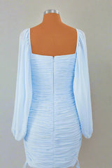 Square Neck Light Blue Long Sleeves Pleated Mini Dress