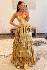 Metallic A-Line Sweetheart Ruffle Tiered Long Prom Dress