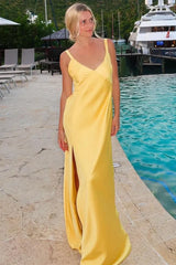 Yellow Straps V-Neck Slit Maxi Dress with Lace-up