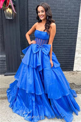 Strapless A-Line Ruffle Prom Dress with Bow
