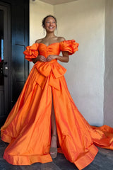 Sweetheart Orange Pleated A-Line Prom Dress with Bow