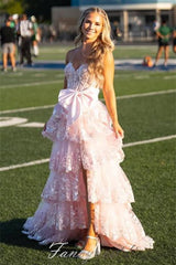 Strapless Applique Ruffle Silt Prom Dress with Bow