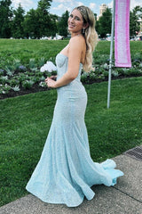 Strapless Blue Sequin Long Mermaid Prom Dress