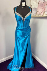 Hot Pink Corset Beaded Mermaid Prom Dress with Slit