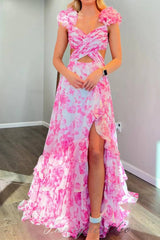 Straps Blue Floral Print Layered Long Prom Dress