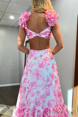 Straps Blue Floral Print Layered Long Prom Dress