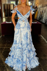 Straps Blue Floral Print Layered Long Prom Dress