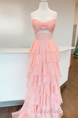 Strapless Chiffon Ruffle A-Line Slit Prom Dress with Floral