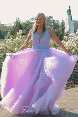 V-Neck Applique Ruffle A-Line Prom Dress with Slit