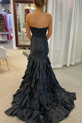 Pink Strapless Applique Ruffle Mermaid Prom Dress with Slit