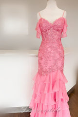 Yellow Lace Applique Ruffle Mermaid Prom Dress with Cold Shoulder