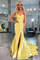 Strapless Blue Satin Slit Mermaid Prom Dress with Bow