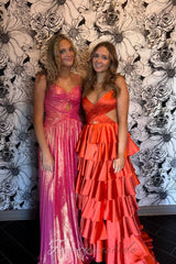 Straps V-Neck Red A-Line Ruffle Layered Prom Dress