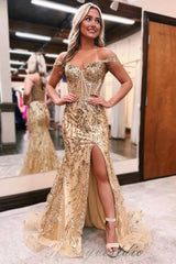 Fuchsia Sequin Applique Mermaid Slit Prom Dress with Off Shoulder
