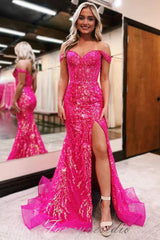 Fuchsia Sequin Applique Mermaid Slit Prom Dress with Off Shoulder