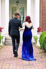 Royal Blue Beaded Velvet Prom Dress with Cold Sleeves