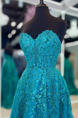 Strapless Blue Applique Sequin A-Line Prom Dress