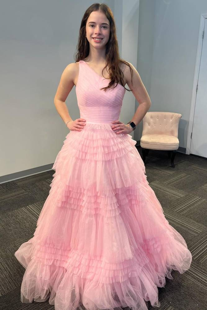 One Shoulder Pleated Layerer A-Line Prom Dress