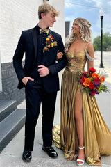 Gold Metallic Beaded Long Slit Prom Dress with Off Shoulder