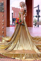 Gold Metallic Beaded Long Slit Prom Dress with Off Shoulder