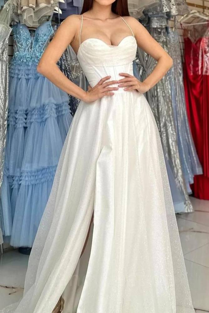 Sparkly Ivory Sweetheart Tulle A-Line Formal Dress with Slit