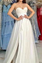 Sparkly Ivory Sweetheart Tulle A-Line Formal Dress with Slit