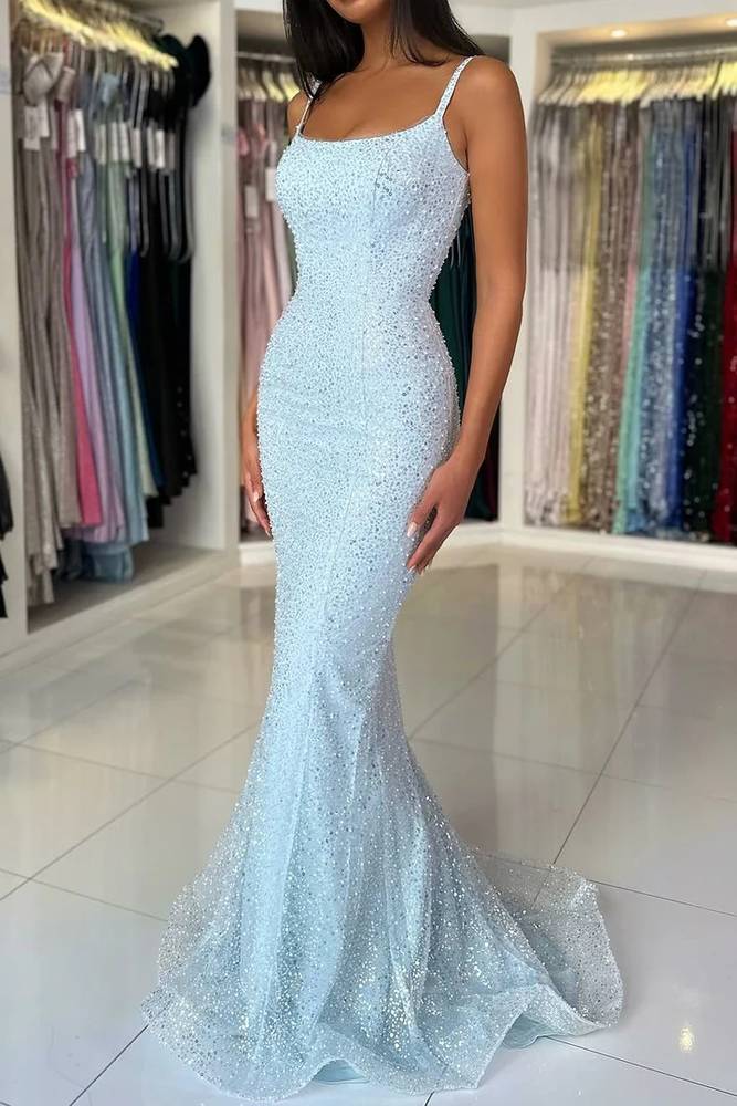 Sky Blue Straps Sequin Long Mermaid Prom Dress