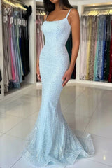 Sky Blue Straps Sequin Long Mermaid Prom Dress