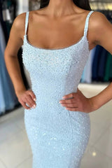 Sky Blue Straps Sequin Long Mermaid Prom Dress