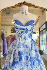 Sweetheart Blue Floral Print Ruffle Prom Dress with Slit