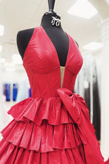 Plunging Neck Ruffle Slit Prom Dress with Bow