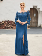 Off-the-Shoulder Lace Top Chiffon Dress Ink Blue