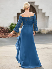 Off-the-Shoulder Lace Top Chiffon Dress Ink Blue