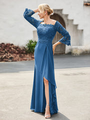 Off-the-Shoulder Lace Top Chiffon Dress Ink Blue