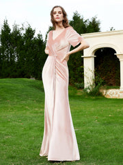 Half Sleeves Velvet Gown with Slit Pearl Pink