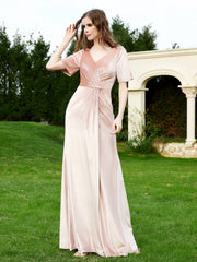 Half Sleeves Velvet Gown with Slit Pearl Pink