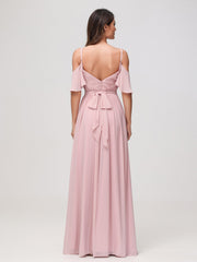 Off-the-shoulder A-line Ruched Chiffon Dress with Slit Dusty Rose