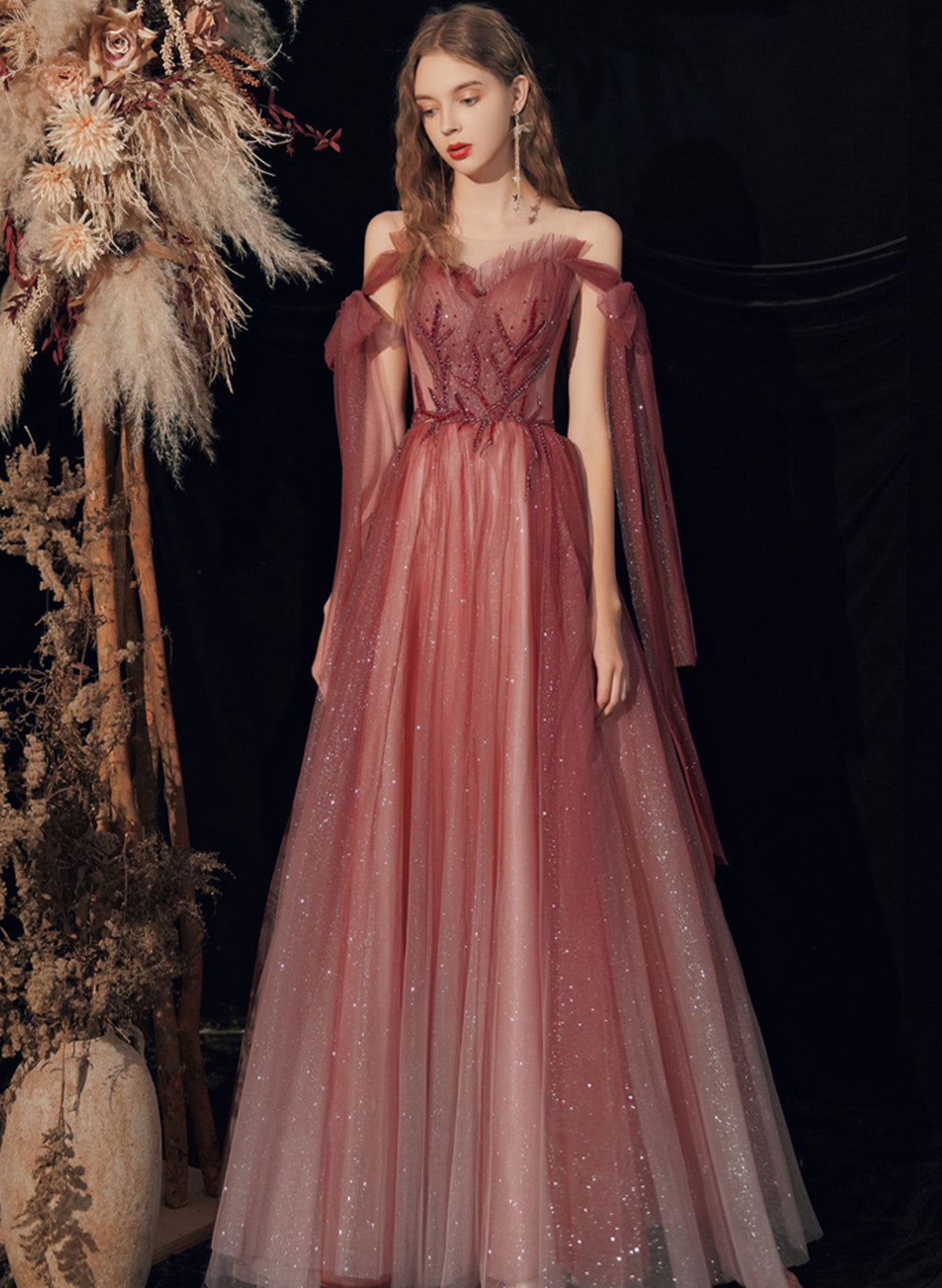 Fairy Shiny Tulle Handmade Wine Red Formal Dress, Wine Red Long Prom Dress