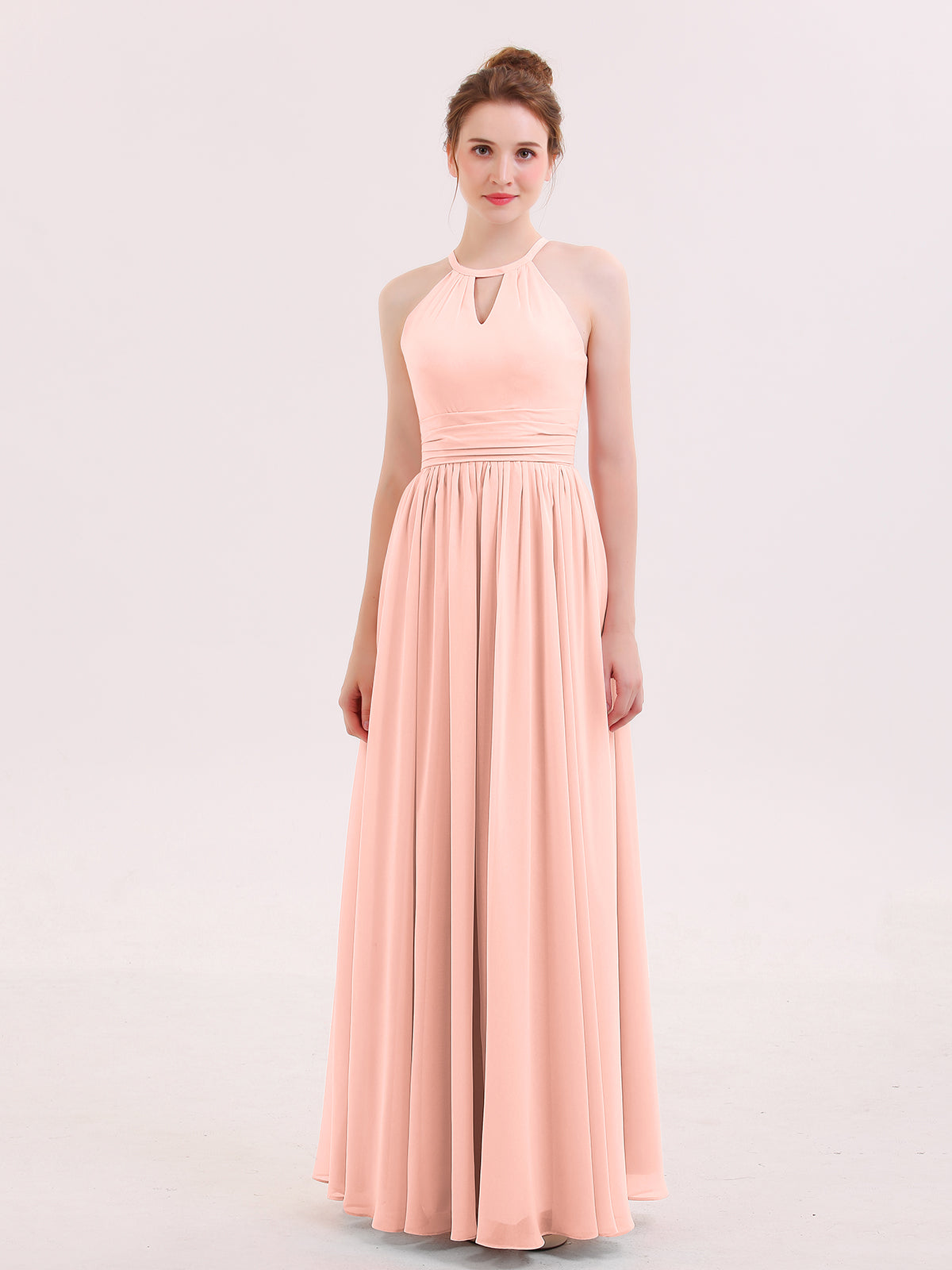 Halter Long Chiffon Dress of Bridesmaids Coral