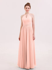 Halter Long Chiffon Dress of Bridesmaids Coral